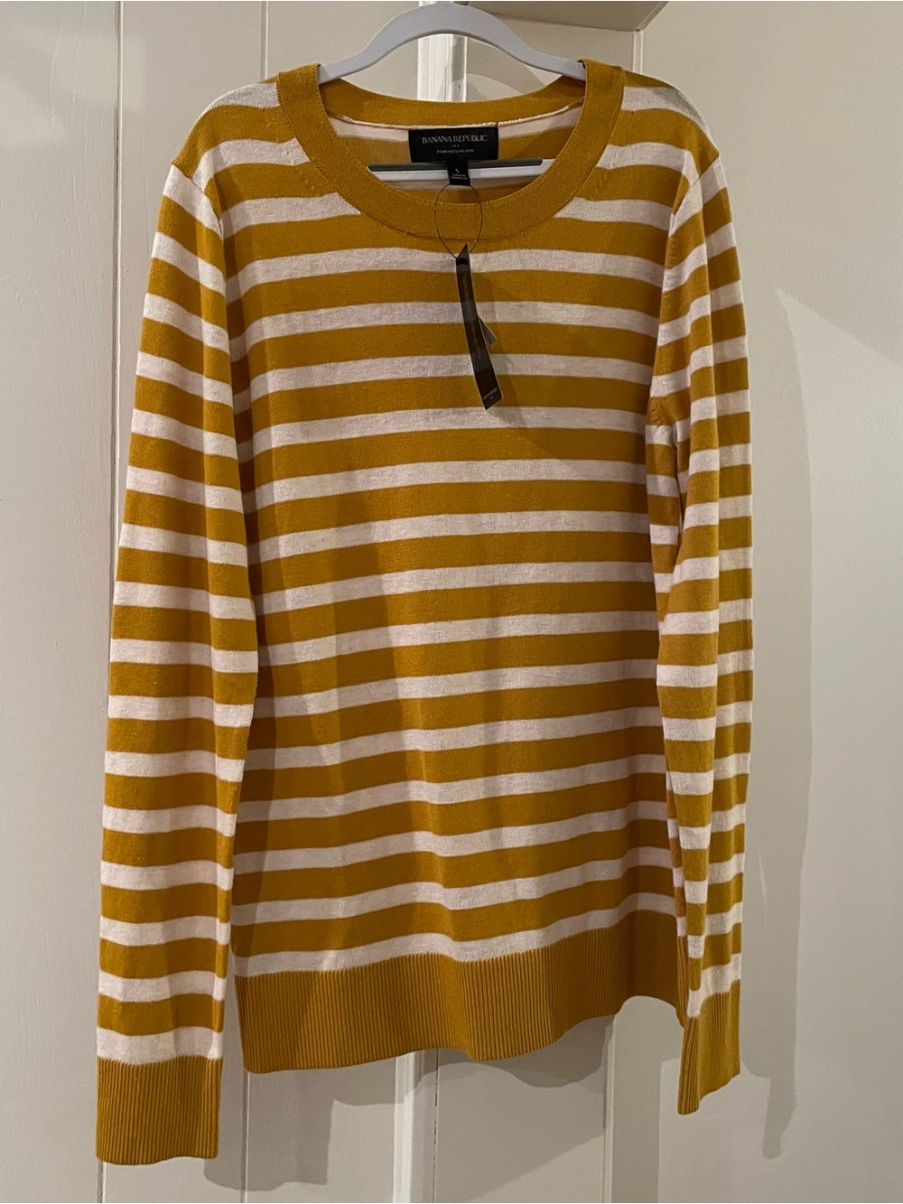 Banana Republic Forever Sweater Mustard and White Striped Crewneck Sweater